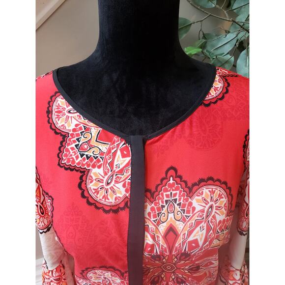 Chico's Tunic Top Women XL Red Geo Print Stretch Cold Shoulder Sleeve Round Neck - Picture 11 of 13